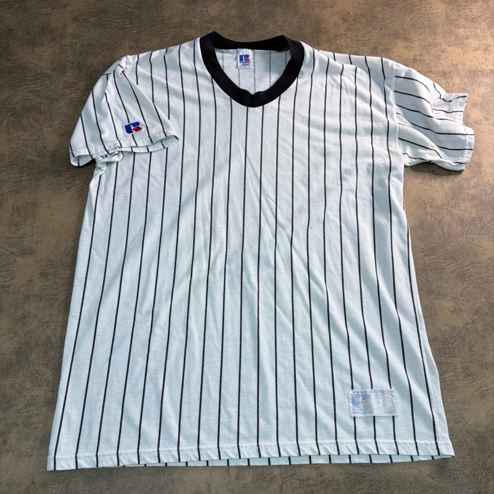 Russell‎ Athletic T-Shirt Mens L Zebra Pinstripe NuBlend USA White Sox Colorway